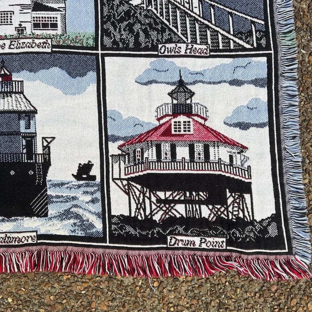 Crown Crafts Lighthouse Tapestry Blanket Woven Cotton Made in USA Nautical Throw